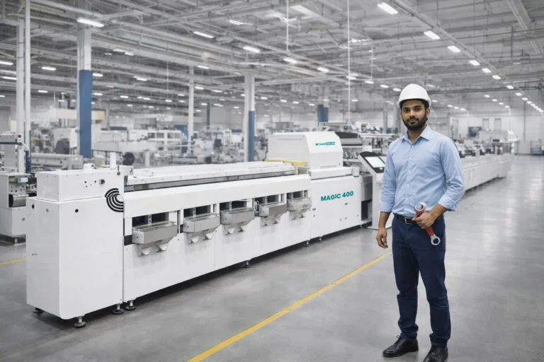 Engineer standing beside a sorting machine on the factory floor